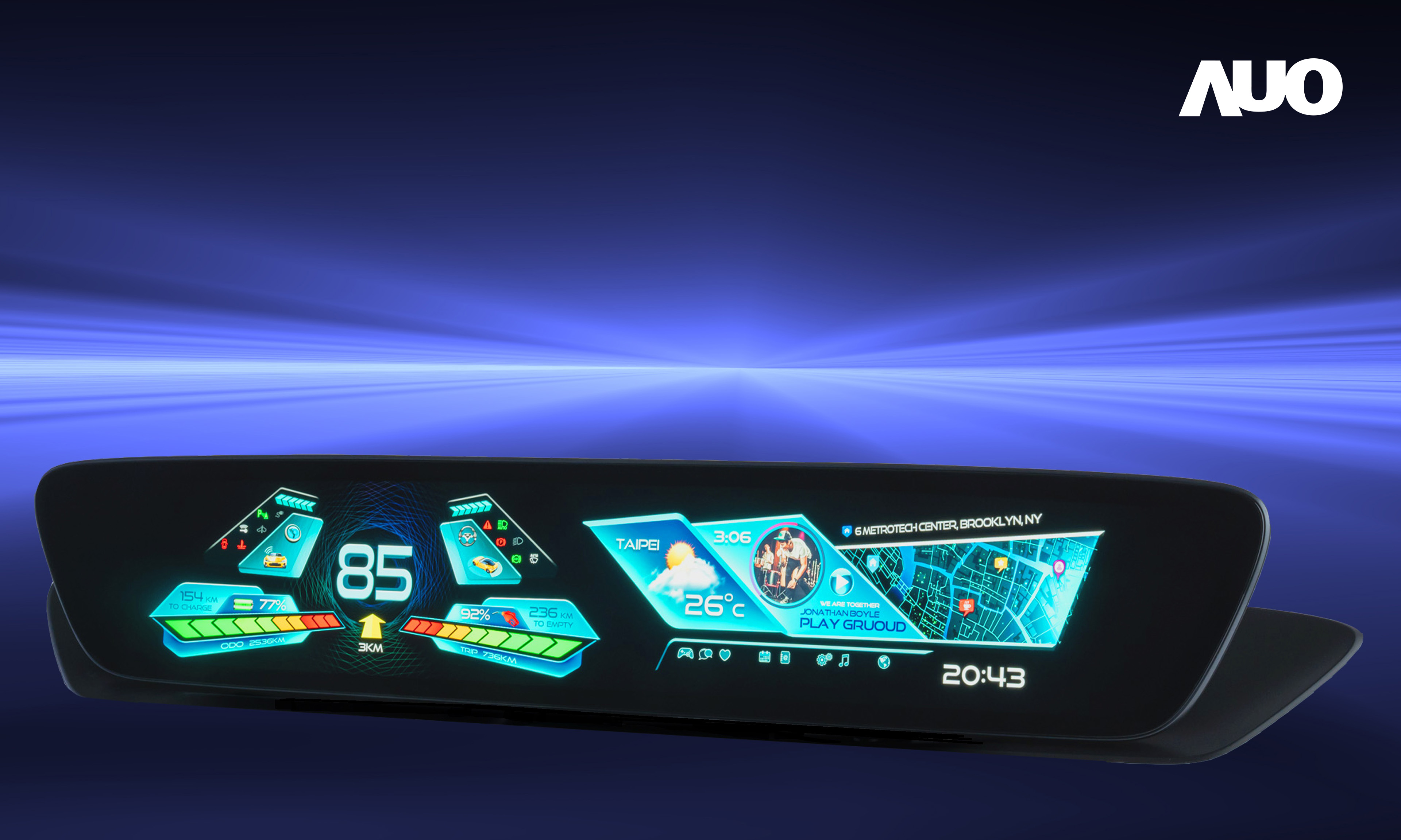 友達30.4吋異形曲面AmLED車載顯示系統，為一兼具儀表板及中控台人機介面的創新車載顯示系統，結合美學設計，提升車內科技沉浸感及使用體驗，讓車載顯示的未來應用更加多元化