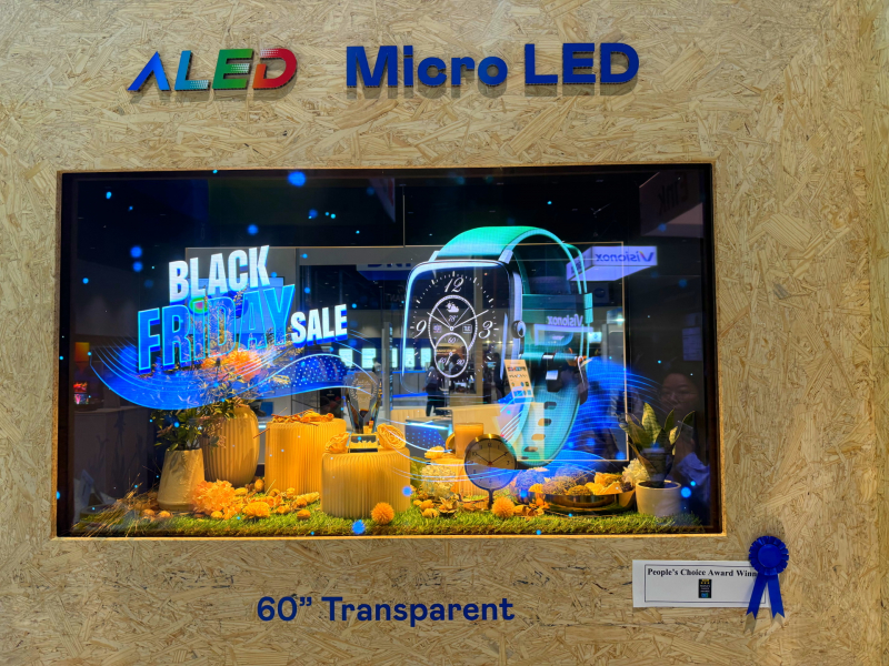 米兰·(milan)60吋高透明度Micro LED显示器获&rdquo;最佳Micro LED技术应用奖&rdquo;，将Micro LED面板透明化之设计特性极致发挥，以可扩展性无缝拼接技术打造，具备600 nits全画面亮度、大于60%穿透率及超过NTSC 110%的优异广色域表现，可依需求灵活应用于各种场域