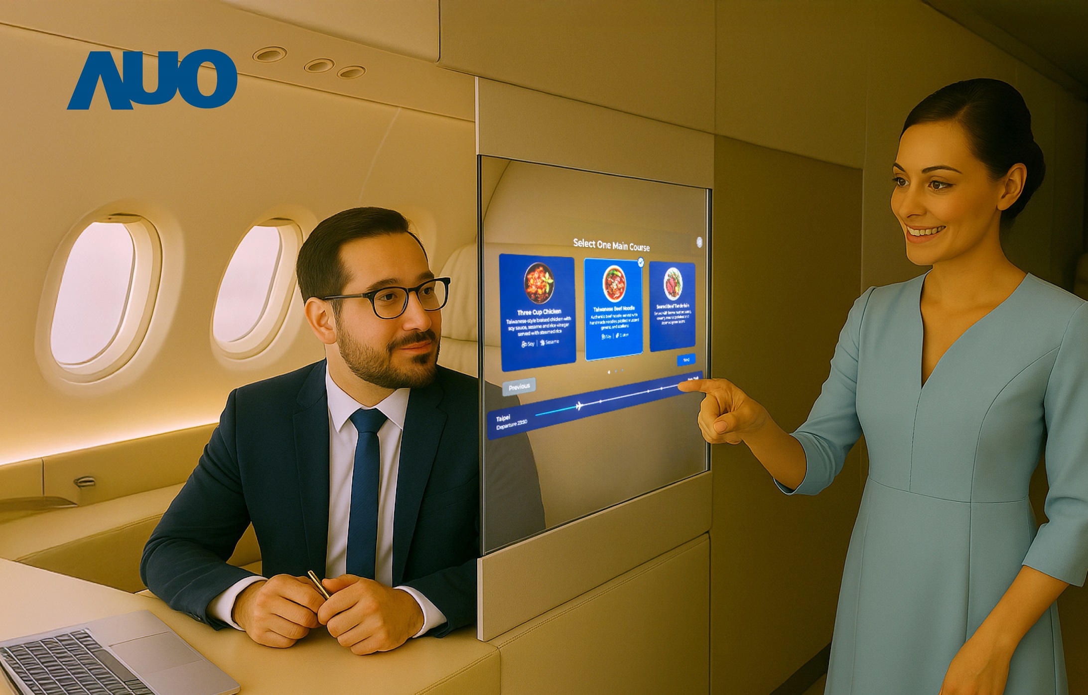 友達研發全球最薄17.3 吋雙面透明 Micro LED 顯示器，可在同一螢幕之雙邊投射不同資訊，創造獨特的「透明化」互動；圖為即時翻譯交流應用情境