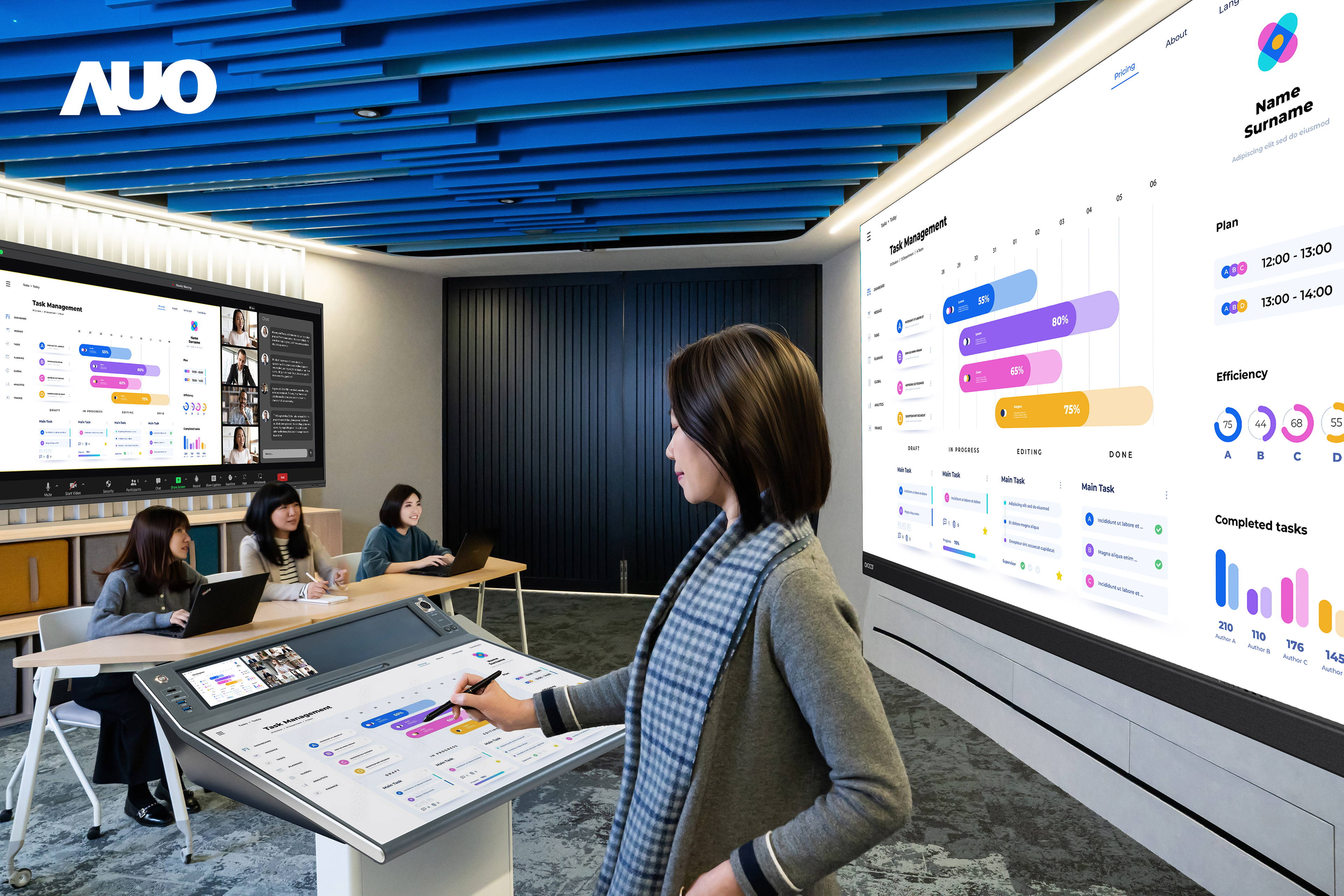 達擎攜手Avocor與Rise Vision展示全方位商務領域應用，包含採用模組化設計的138吋一體式All-in-One LED顯示器及具21:9超寬比例的92吋互動式電子白板（IFPD），講者可輕鬆分享內容，有效提升會議協作效率。